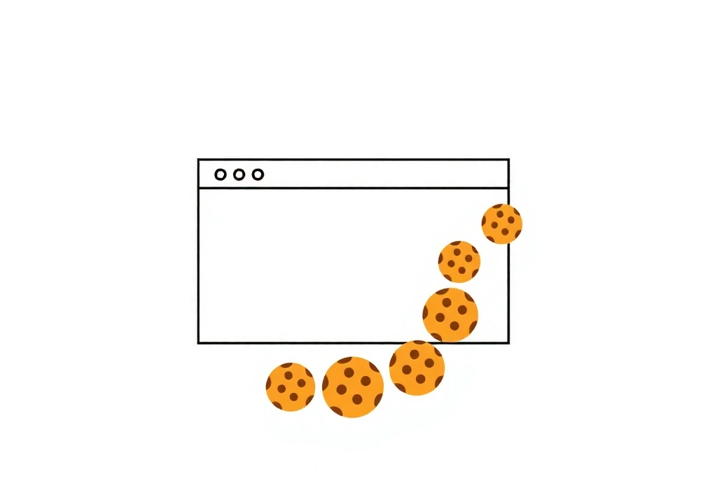 Ilustrație cu un browser web și iconițe de cookie-uri, semnalând stocarea datelor