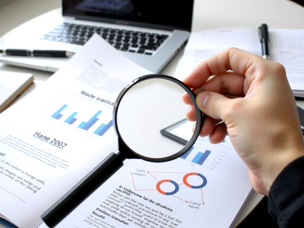 Mână cu lupă examinând un document cu texte și grafice, simbolizând procesul riguros de verificare a informațiilor.