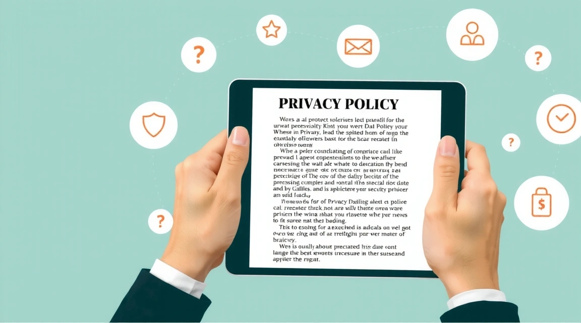 Ilustrație cu o persoană care citește un document de confidențialitate pe o tabletă