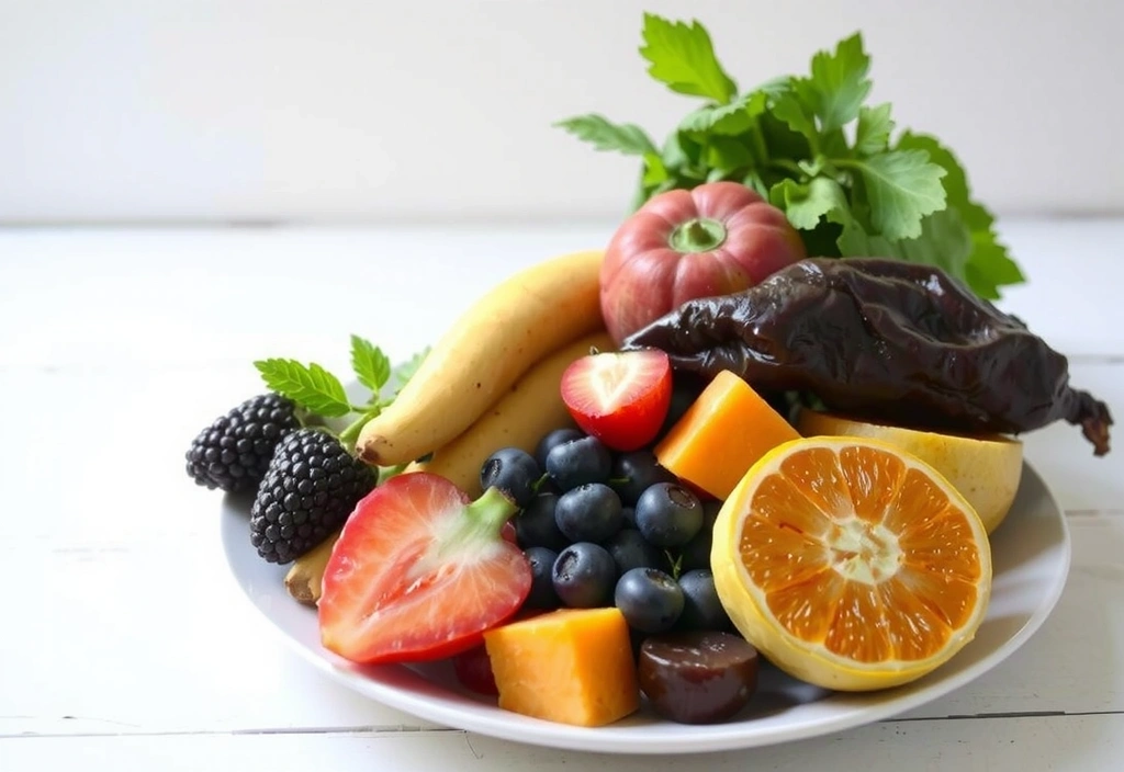 Farfurie cu alimente proaspete și colorate.