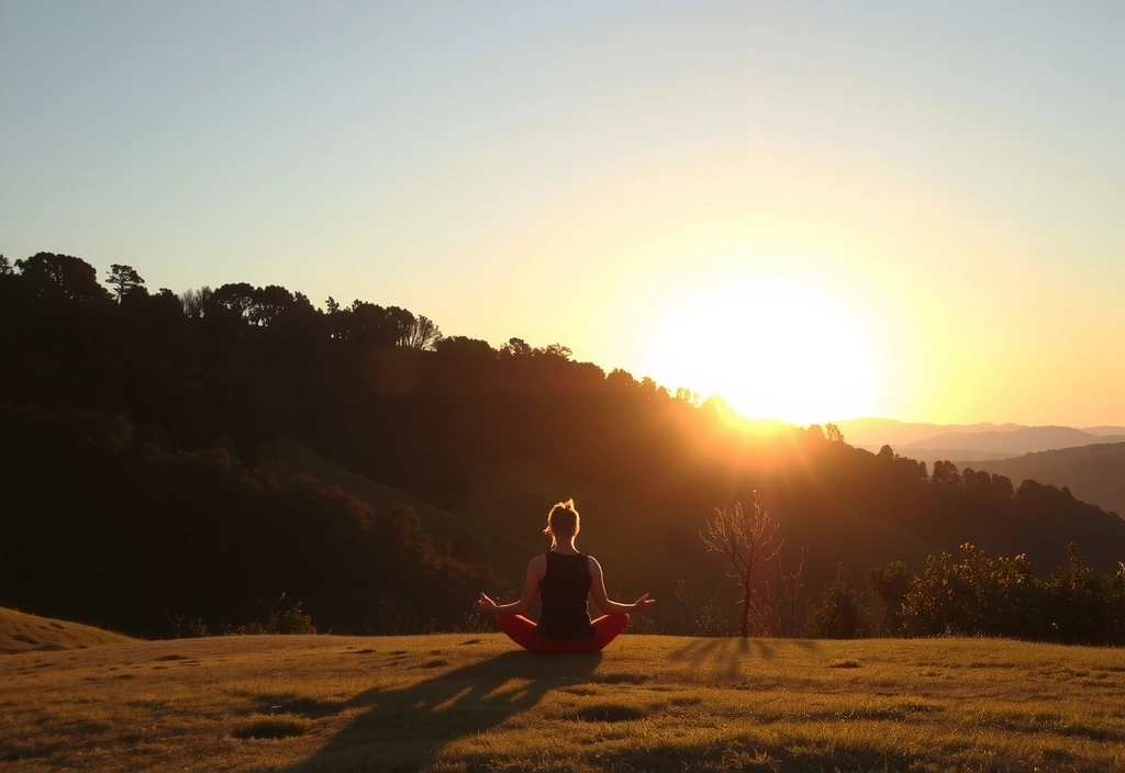 Persoană meditând într-un peisaj natural, simbolizând echilibru și pace.