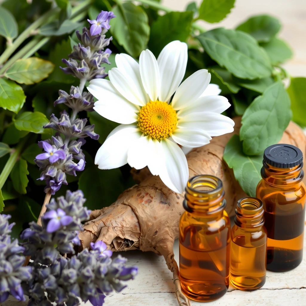 Diverse plante medicinale și ierburi proaspete, alături de extracte concentrate în fiole, simbolizând puterea plantelor în suplimente.