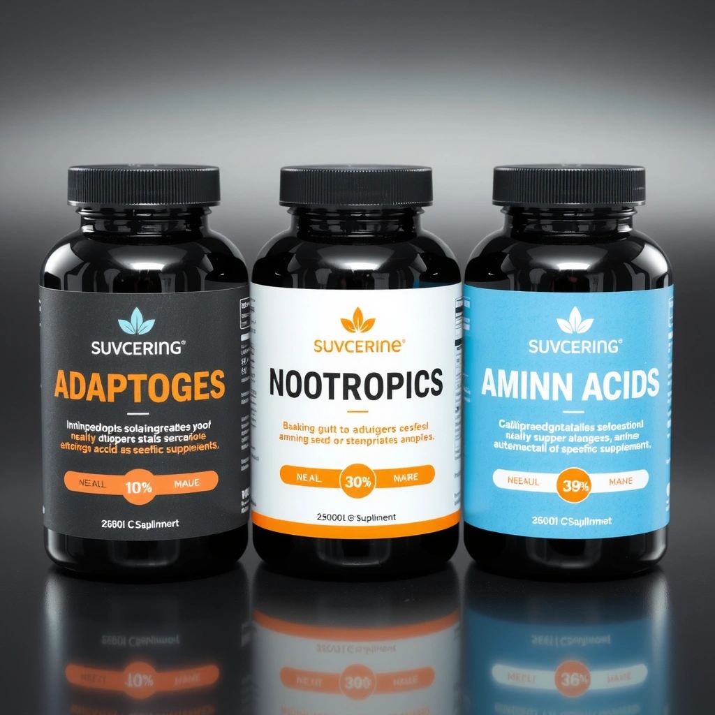 Flacoane de suplimente specializate, cu etichete inovatoare și ingrediente unice, ilustrând soluții personalizate pentru nevoi specifice.