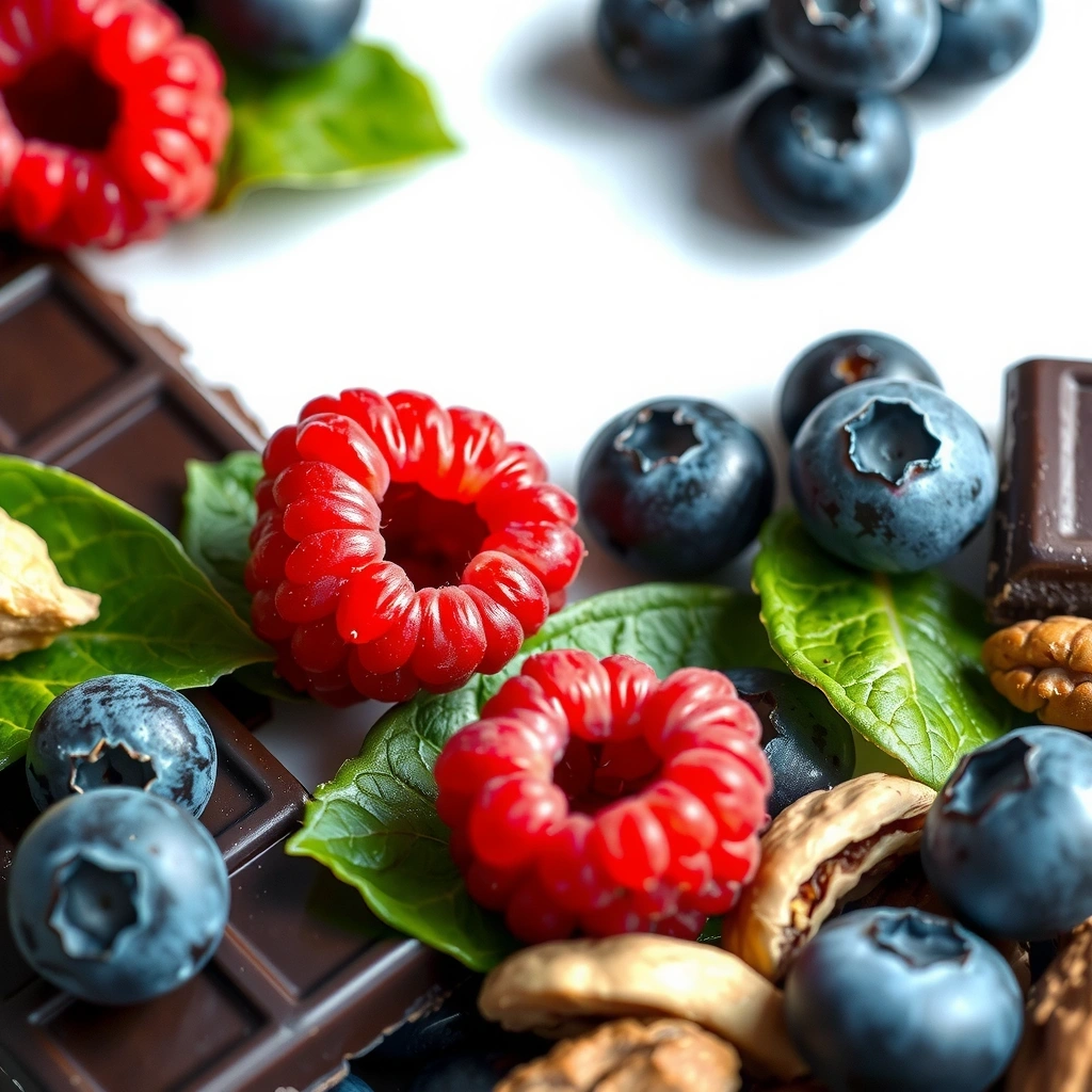 Fructe de pădure proaspete, ceai verde și alte alimente bogate în antioxidanți, aranjate într-o compoziție vibrantă și apetisantă.