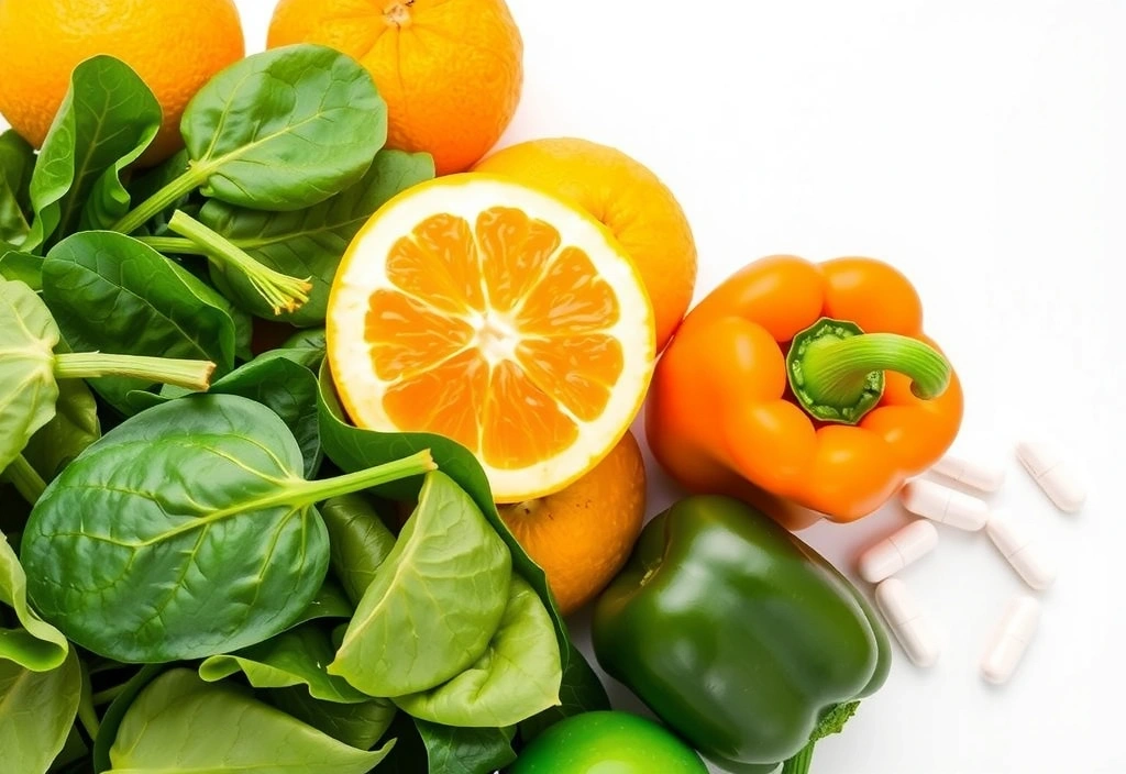 O selecție vibrantă de fructe și legume proaspete aranjate lângă pastile de vitamine, ilustrând importanța vitaminelor în dietă.