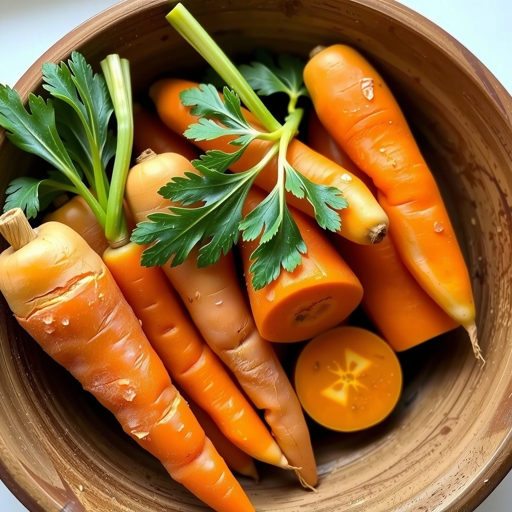 Morcovi proaspeți și cartofi dulci portocalii, aranjați într-un bol de lemn