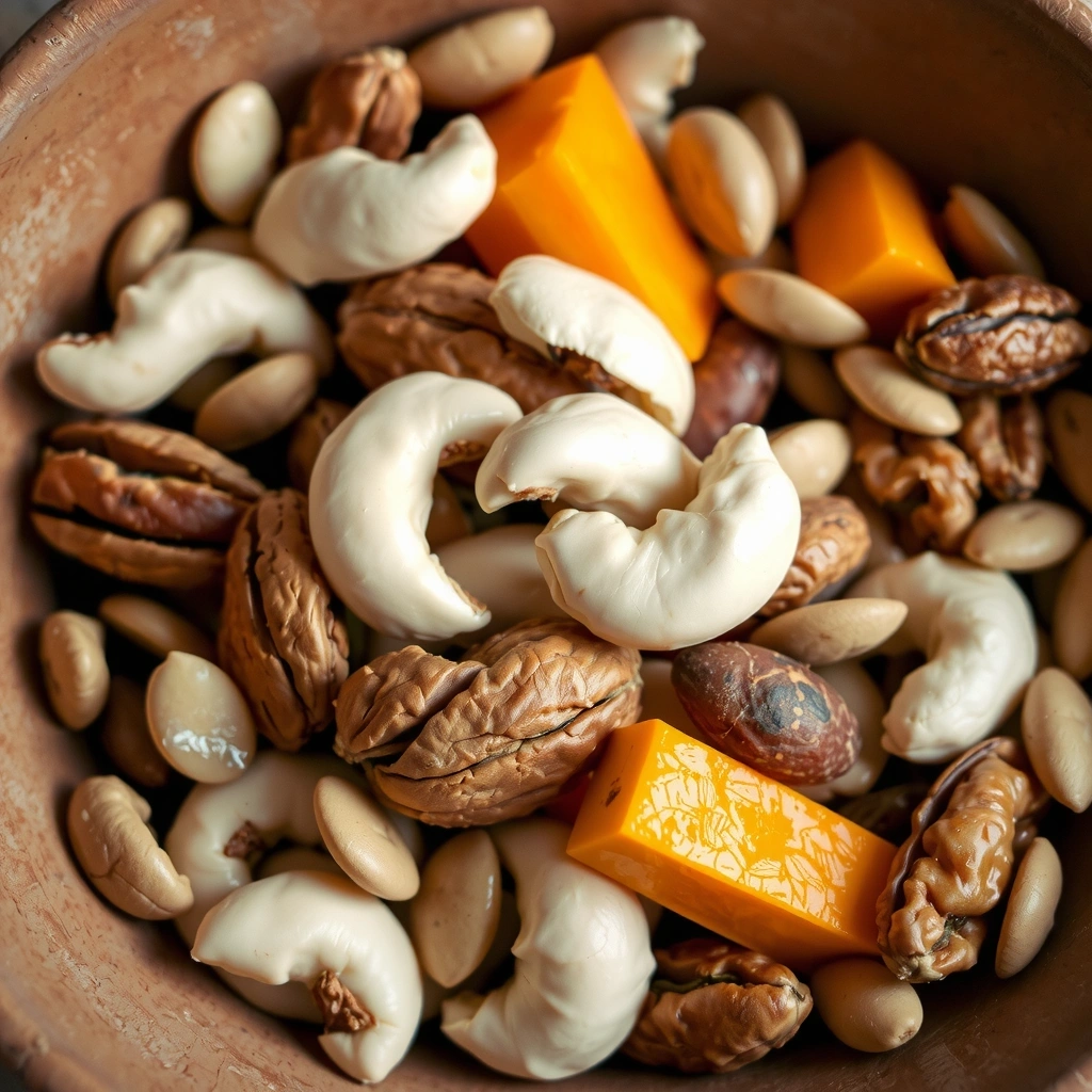 Un amestec de nuci (migdale, caju, nuci) și semințe (floarea-soarelui, dovleac) într-un bol rustic